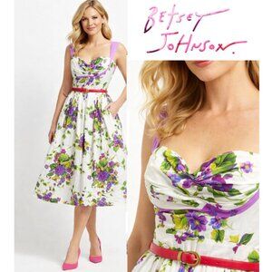 Betsey Johnson VINTAGE Floral Midi Dress 10 Fit & Flare Sweetheart Cottagecore